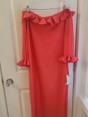 Chiara Boni Coral Off-Shoulder Ruffle Long Sleeve Midi Dress New Tags.